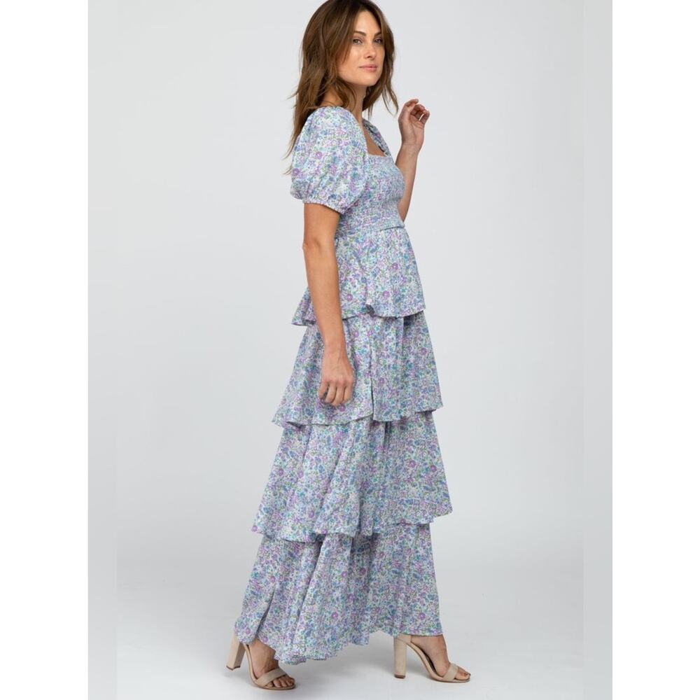 Entro Smocked Floral Maxi Dress Square Neck Layered Ruffle Blue Green Size Large - Picture 2 of 16